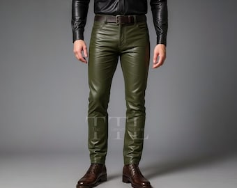 Men's Olive Green Sheepskin Leather Pants - Slim Fit Designer Trousers