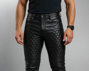 Men's Quilted Sheepskin Leather Pants - Handmade Biker Trousers