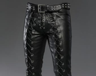 Men’s Black Genuine Leather Lace-Up Pants - Gothic Biker Rocker Fetish Pants with Side Lacing - Handmade Heavy Duty Leather Trousers