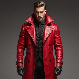 Men’s Red Leather Trench Coat | Genuine Leather Gothic Steampunk Overcoat | Victorian Matrix Duster Jacket | Handmade Cosplay Leather Coat