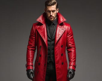 Herren Red Echtleder Trenchcoat | Handgemachter Gothic Steampunk Mantel