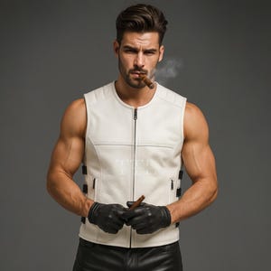 Men&#39;s White Leather Biker Vest - Genuine Sheep Leather Moto Vest - Handmade Sleeveless Rocker Top - Gothic Leather Fetish Vest, Gift For Men