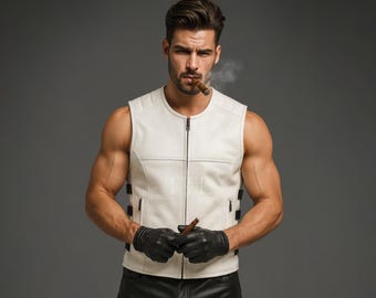 Handmade White Sheep Leather Biker Vest: Gothic Moto Sleeveless Top