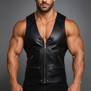 Handmade Leather Vest for Men - Black Sleeveless Biker Vest - Gothic Festival Leather Tank - Genuine Sheep Leather Zipper Top