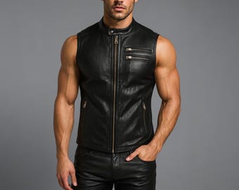 Handmade Black Leather Biker Vest - Sleeveless Gothic Motorcycle Top