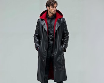 Handmade Black Leather Trench Coat – Gothic Steampunk Duster with Red Hood