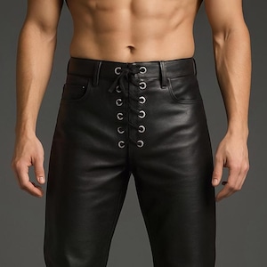 Men’s Genuine Sheep Leather Pants with Lace-Up Front - Handmade Biker Gothic Punk Motorcycle Leather Trousers - Streetwear Leather Jeans