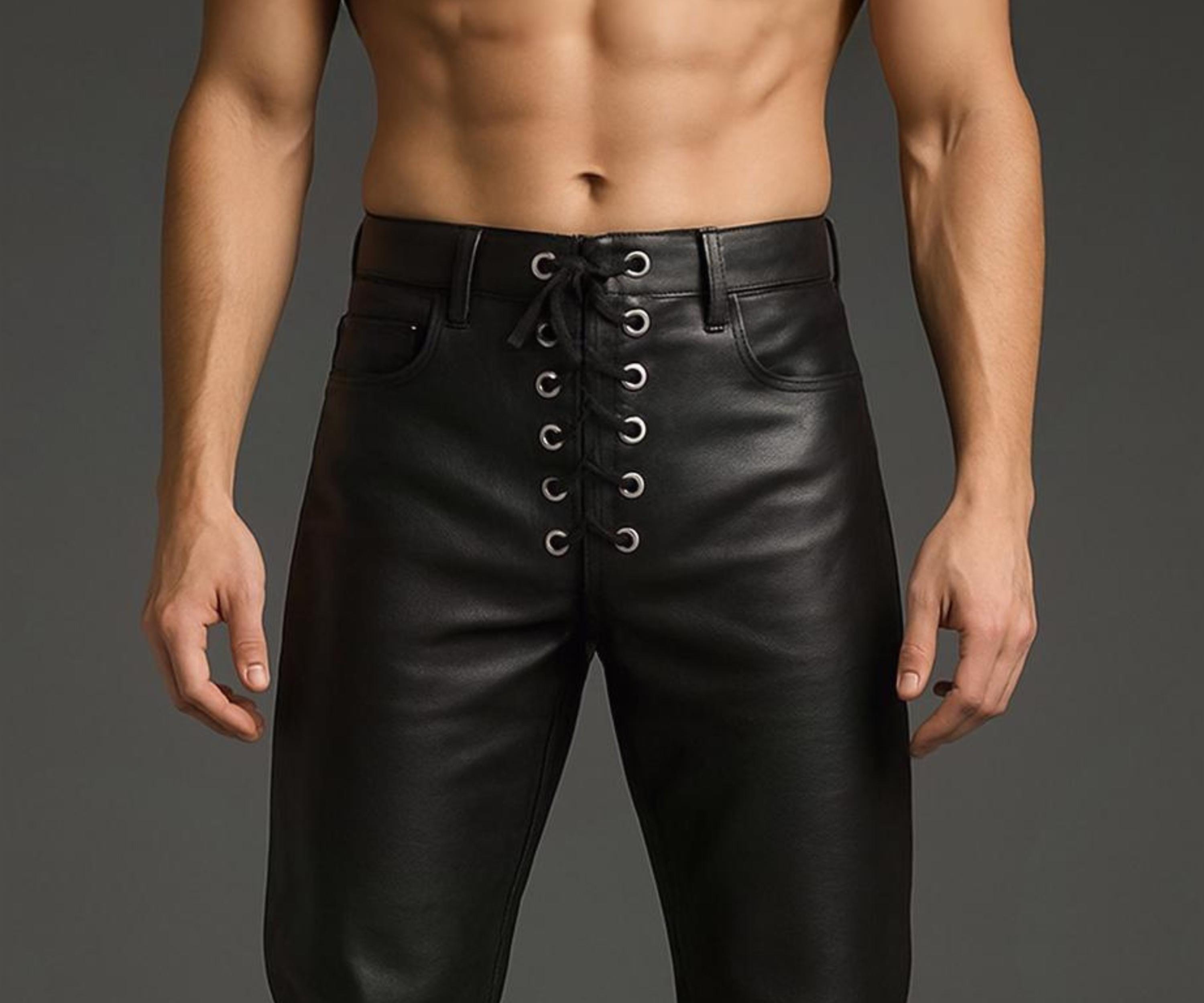 Men’s Genuine Sheep Leather Pants with Lace-Up Front - Handmade Biker Gothic Punk Motorcycle Leather Trousers - Streetwear Leather Jeans