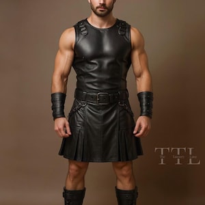 Gladiator Leather Kilt & Armor Vest - Handmade Genuine Leather Spartan Warrior Outfit - Medieval LARP Renaissance Festival Cosplay Costume