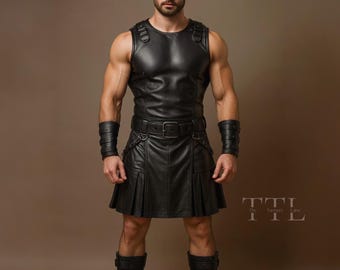 Handmade Leather Gladiator Kilt & Vest Set – Spartan Warrior Costume