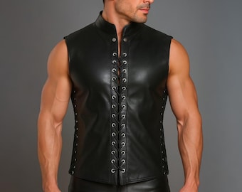 Handmade Black Leather Lace-Up Vest – Gothic Biker Cowhide Vest