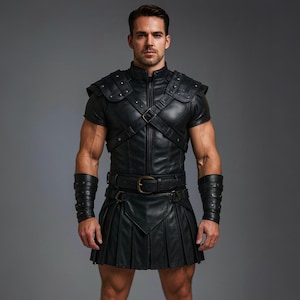 Gladiator Leather Armor - Genuine Leather Kilt & Armor - Roman Spartan Cosplay Costume - Medieval LARP Cosplay Renaissance Festival Clothing