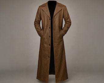 Handmade Distressed Brown Leather Trench Coat – Steampunk Duster Overcoat