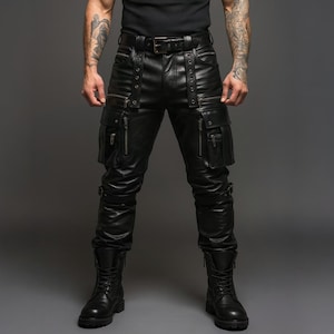 Handmade Black Leather Cargo Pants - Tactical Biker Steampunk Trousers