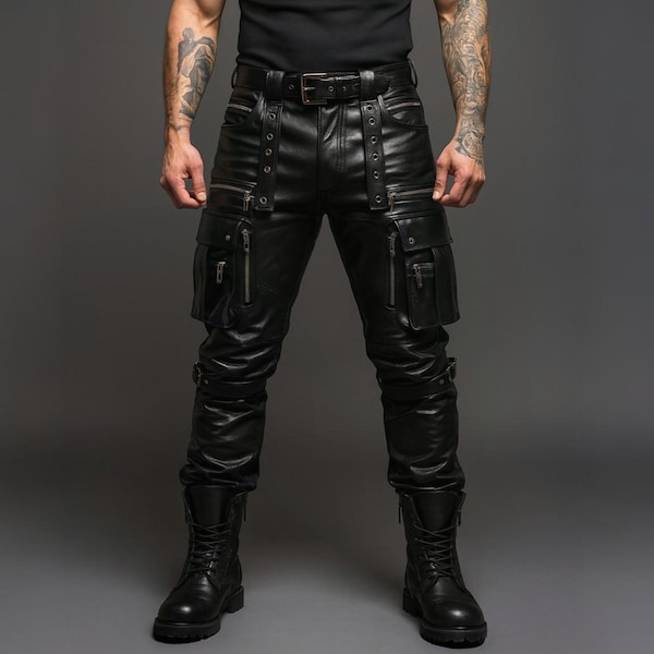 Pantalon cargo en cuir noir fait main - Pantalon steampunk tactique pour motard