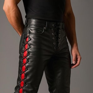 Men&#39;s Black Lace Up Leather Pants - Side & Fly Laced Biker Trousers - Gothic Rocker Leather Pants - Handmade Steampunk Festival Punk Pants