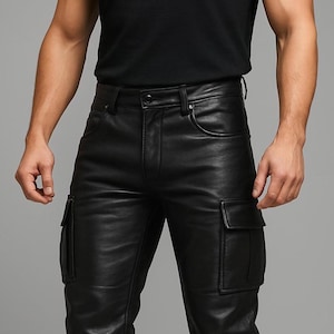 Men&#39;s Genuine Leather Cargo Pants - Handmade Black Real Leather Utility Streetwear Trousers - Gothic Punk Motorcycle Pants - Gift For Him
