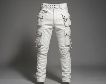 Pantaloni cargo in pelle bianca fatti a mano / Pantaloni multiuso Techwear