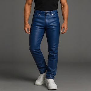 Men&#39;s Genuine Sheepskin Leather Pants - Slim Fit Blue Biker Leather Jeans - Punk Rocker Motorcycle Pants - Handmade Real Leather Trousers