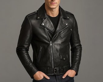Handmade Genuine Leather Biker Jacket – Classic Rocker Motorcycle Style