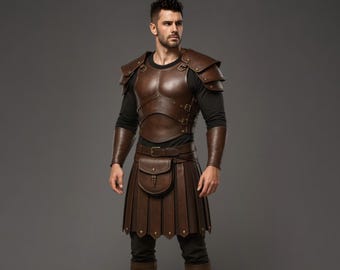 Handgefertigte Leder Gladiator Rüstung mit Kilt – Renaissance Kostüm