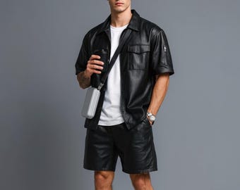 Handmade Men's Black Leather Shirt & Shorts Set – Streetwear Outfit