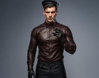 Handmade Sheepskin Leather Shirt – Dark Brown Fitted Gothic Clubwear
