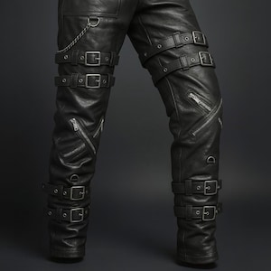 Genuine Leather Gothic Pants - Handmade Punk Rock Biker Leather Pants - Steampunk Fetish Bondage Trousers For Men & Women - Buckled Pants