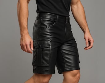 Pantaloncini cargo in pelle nera fatti a mano – Abbigliamento da motociclista, regalo per lui