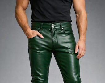 Men's Handmade Green Sheepskin Leather Pants – Slim Fit Biker Trousers