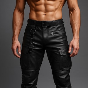 Men’s Genuine Leather Cargo Pants - Handmade Real Leather Biker Trousers - Gothic Rock Streetwear Pants, Utility Leather Cargo Pants for Him