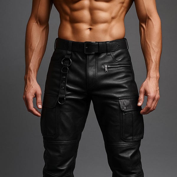 Pantalon cargo en cuir de mouton noir fait main - motard, gothique, streetwear