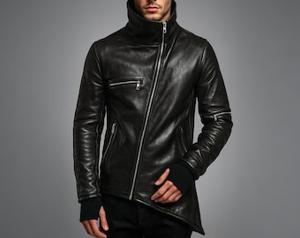 Handmade Black Leather Biker Jacket – Cyberpunk Moto Style