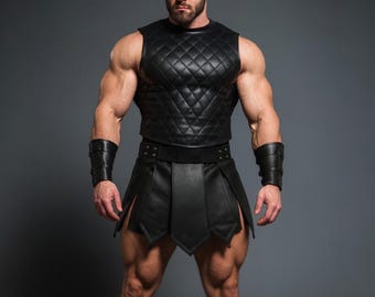 Genuine Leather Gladiator Kilt & Quilted Vest Set - Handmade Black Roman Warrior Armor - Medieval LARP Renaissance Festival Cosplay Costume