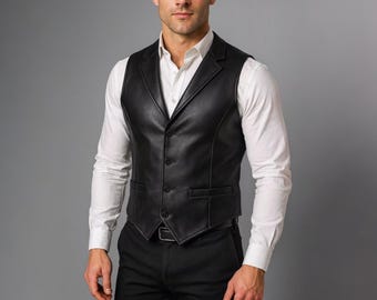 Handmade Black Sheep Leather Vest - Formal Biker Steampunk Style