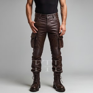 Pantaloni cargo in vera pelle fatti a mano da uomo - Pantaloni da motociclista Steampunk marroni - Pantaloni da combattimento tattici da strada robusti - Regalo per uomo