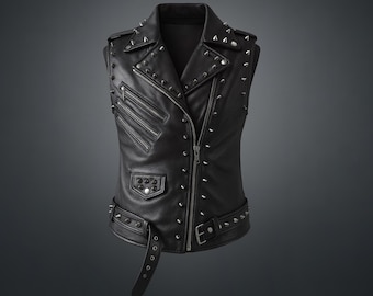 Handmade Studded Leather Biker Vest – Punk Rock Spiked Waistcoat