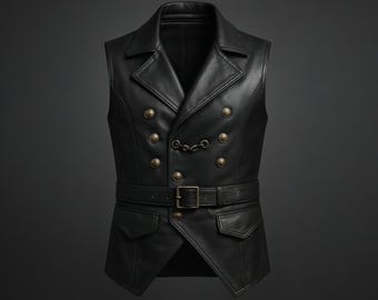 Handgemaakt zwart schapenvachtleren vest – gotische militaire stijl