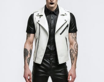 Men’s White Sheepskin Leather Biker Vest – Gothic Moto Sleeveless Jacket