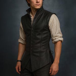 May include: A black leather vest with a high collar and buttoned front. The vest has a tailored fit and features side lacing details. The vest is worn over a light-coloured long-sleeved shirt. The style is reminiscent of historical or fantasy attire.