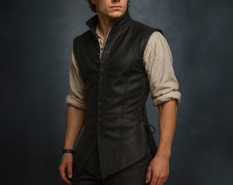 Jules Long Leather Jerkin Black – Adjustable Split Leather Vest