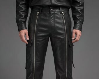 Handmade Sheepskin Leather Cargo Pants – Gothic Biker Trousers with Zippers