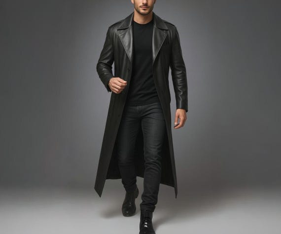 Handmade Sheep Leather Trench Coat – Full-Length Black Duster, Gothic Steampunk