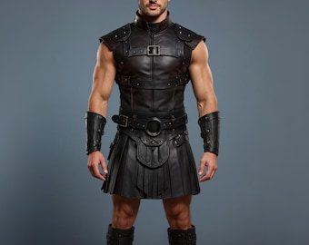 Handmade Leather Gladiator Kilt & Armor Vest – Spartan Cosplay Costume