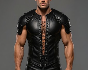 Men's Black Leather Lace-Up Vest: Gothic Steampunk Armor