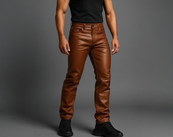 Handgemachte Braune Schaffell Lederhose - Vintage Western Biker Stil