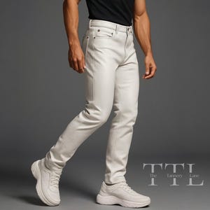 Men&#39;s Genuine Sheepskin Leather Pants - Handmade White Leather Trousers - Biker Leather Pants - Streetwear Casual Pants - Real Leather Jeans