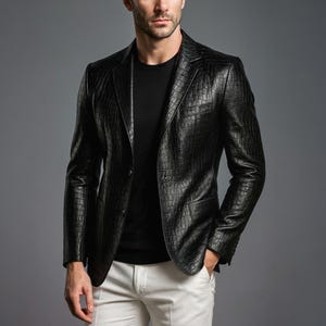 Puede incluir: Una blazer de cuero negro con un patrón texturizado similar al de un cocodrilo. La blazer tiene un cierre clásico de dos botones y solapas con muescas. El modelo lleva una camiseta negra y pantalones blancos.