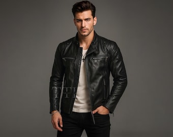 Handmade Black Cowhide Leather Biker Jacket - Moto Rocker Cafe Racer Outerwear
