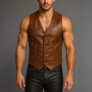 Genuine Leather Vest For Men - Handmade Brown Leather Vest - Western Cowboy Waistcoat, Vintage Motorcycle Club Vest, Steampunk Festival Vest